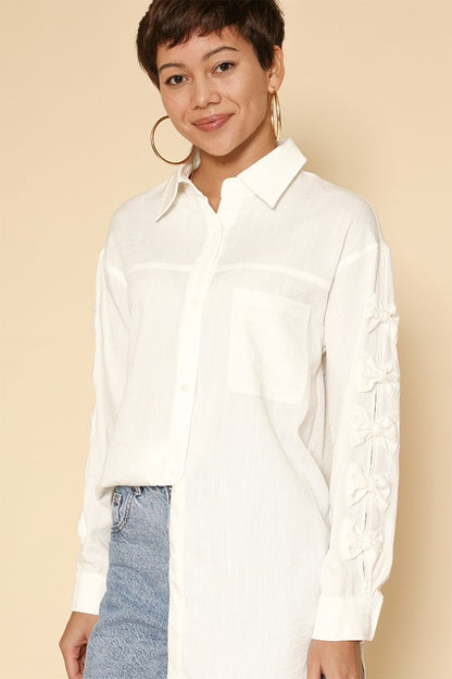 Bow Detail Sleeve Button-Down Shirt - Ro + Ivy