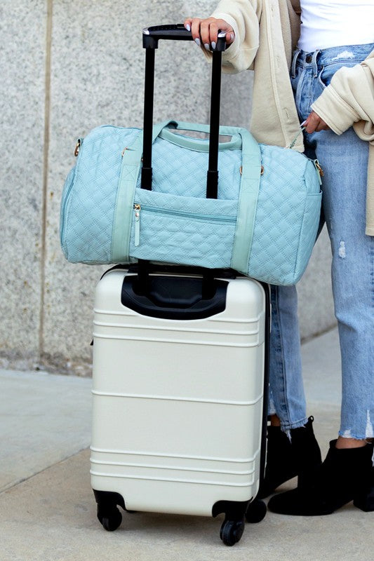 French Blue OneSize Quilted Travel Weekender Bag with Vegan Leather Accents | Trendy Travel Bags Outfit Idea for Women by Ro + Ivy | Elevated Basics, Modern Comfort & Style