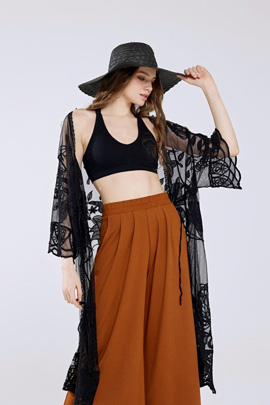 Black One Size Embroidered Cotton Lace Kimono Cardigan | Trendy Cardigans Outfit Idea for Women by Ro + Ivy | Elevated Basics, Modern Comfort & Style