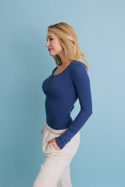 Cotton Front Button Long Sleeve Ribbed Henley Top | Trendy Tops Outfit Idea for Women by Ro + Ivy | Elevated Basics, Modern Comfort & Style