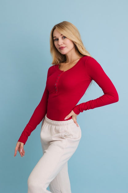 Red Cotton Front Button Long Sleeve Ribbed Henley Top | Trendy Tops Outfit Idea for Women by Ro + Ivy | Elevated Basics, Modern Comfort & Style