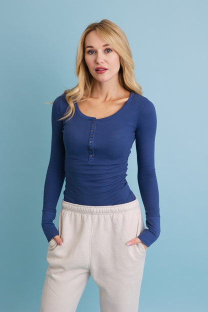 Blue Cotton Front Button Long Sleeve Ribbed Henley Top | Trendy Tops Outfit Idea for Women by Ro + Ivy | Elevated Basics, Modern Comfort & Style