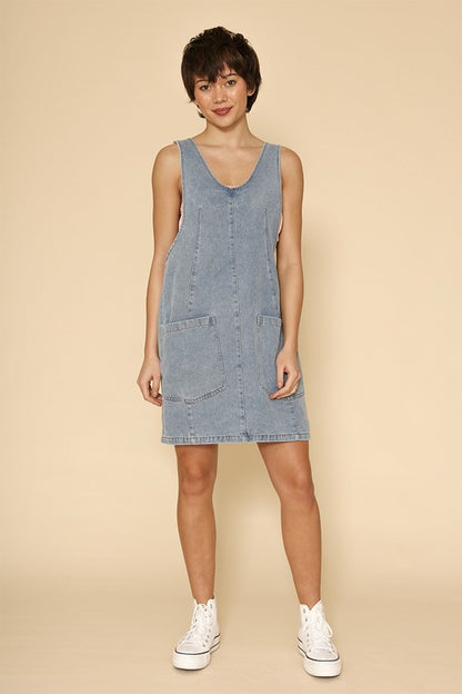 Denim Scoop Neck Overall Dress – outfit idea for women | Ro + Ivy