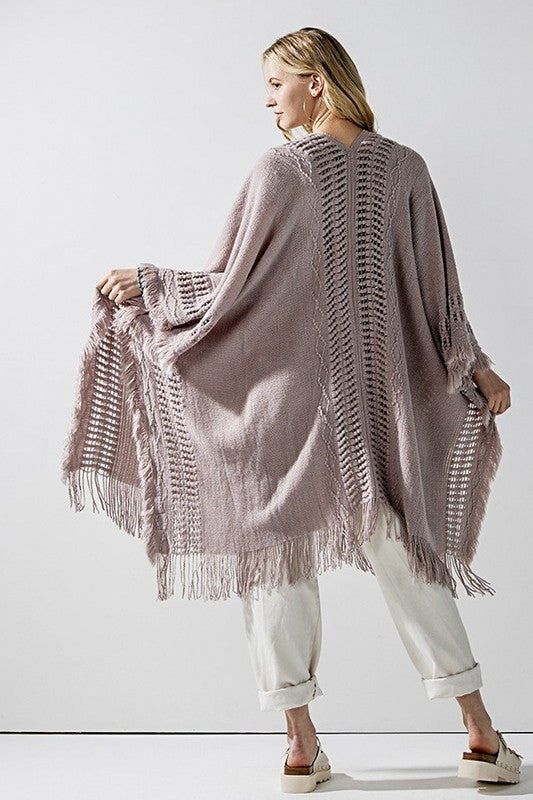 Boho Fringe Poncho with Eyelet Detailing - Ponchos
