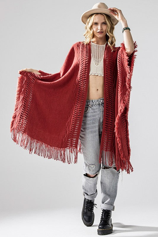 Boho Fringe Poncho with Eyelet Detailing - Ponchos