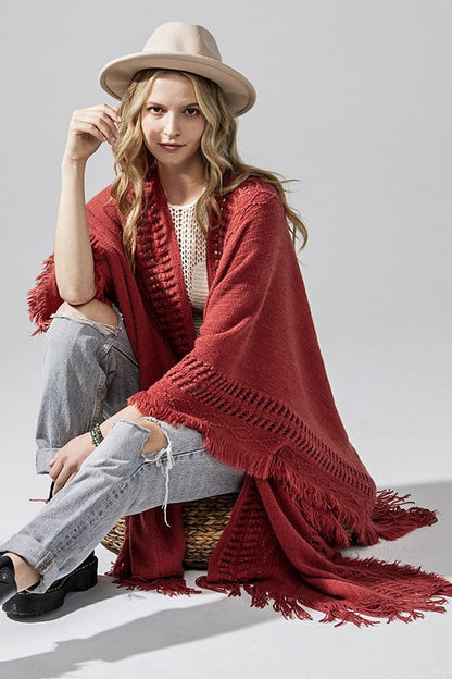 Boho Fringe Poncho with Eyelet Detailing - Ponchos