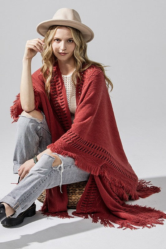 Boho Fringe Poncho with Eyelet Detailing - Ponchos