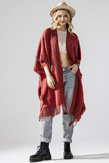 Boho Fringe Poncho with Eyelet Detailing - Rust One Size Ponchos