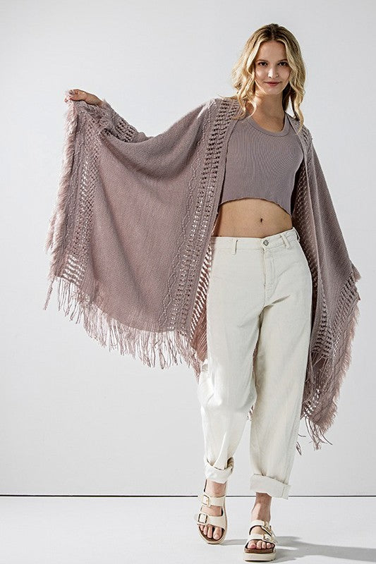Boho Fringe Poncho with Eyelet Detailing - Ponchos