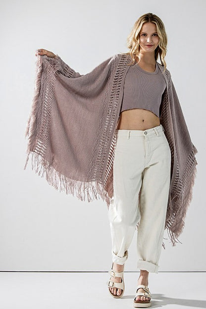 Boho Fringe Poncho with Eyelet Detailing - Ponchos