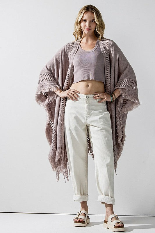 Boho Fringe Poncho with Eyelet Detailing - Ponchos