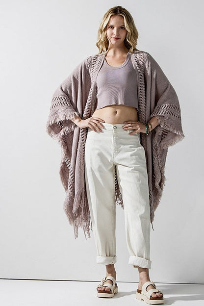 Boho Fringe Poncho with Eyelet Detailing - Ponchos