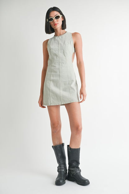 Bodycon Sleeveless Round Neck Mini Dress with Back Cutout – WASHED DENIM outfit idea for women | Ro + Ivy