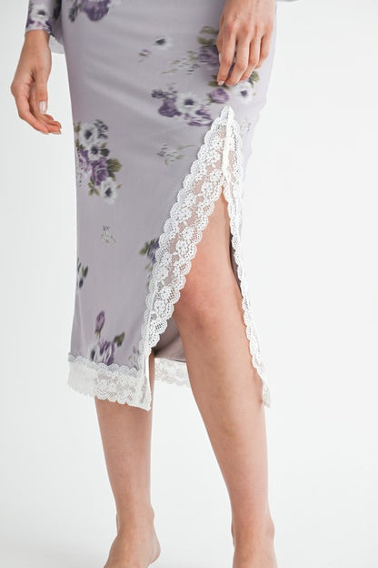 Lavender Lace Trim Floral Midi Skirt With Side Slit – outfit idea for women | Ro + Ivy