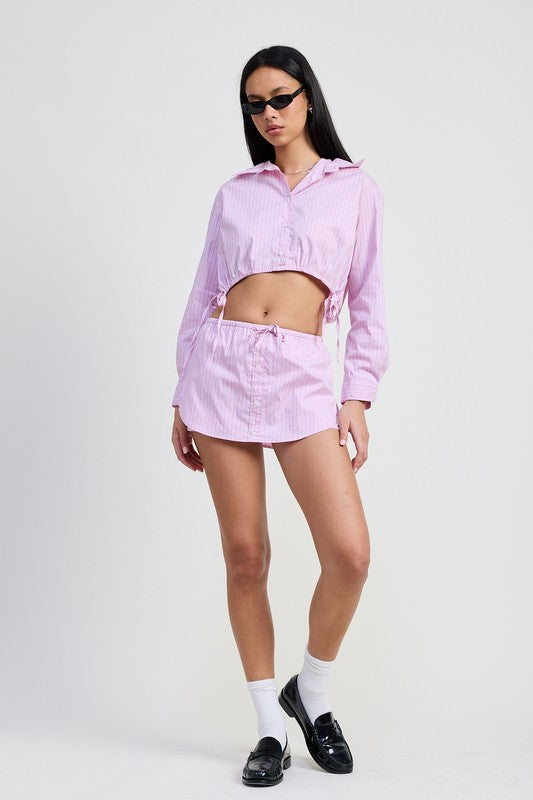 Pink Striped Drawstring Cinched Mini Skort With Front Buttons – outfit idea for women | Ro + Ivy