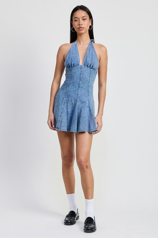 Denim Fit-and-Flare Mini Dress with Halter V-Neck – outfit idea for women | Ro + Ivy