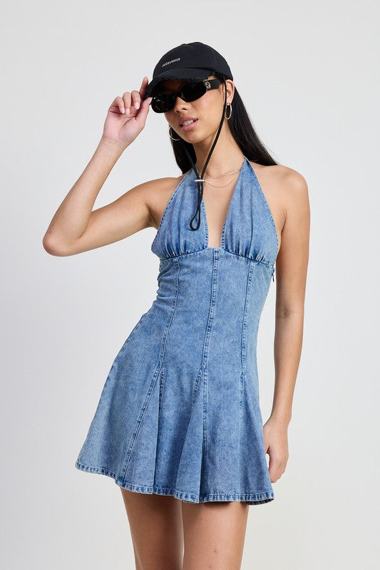 Denim Fit-and-Flare Mini Dress with Halter V-Neck – DENIM outfit idea for women | Ro + Ivy