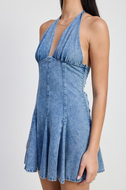 Denim Fit-and-Flare Mini Dress with Halter V-Neck – outfit idea for women | Ro + Ivy
