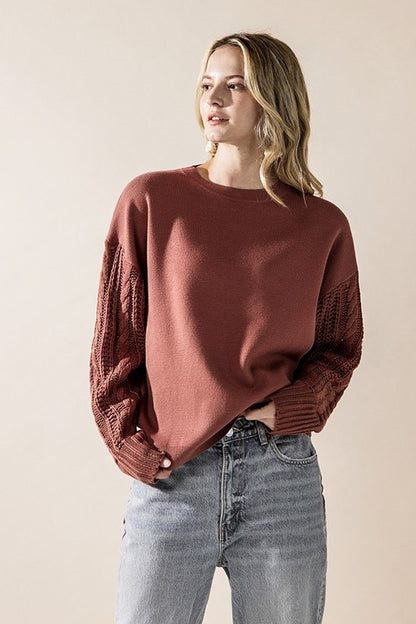 Mixed Material Sweater with Cable-Knit Sleeves | Trendy Sweaters Outfit Idea for Women by Ro + Ivy | Elevated Basics, Modern Comfort & Style