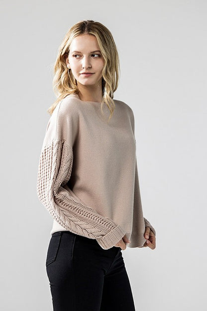 Mixed Material Sweater with Cable-Knit Sleeves | Trendy Sweaters Outfit Idea for Women by Ro + Ivy | Elevated Basics, Modern Comfort & Style