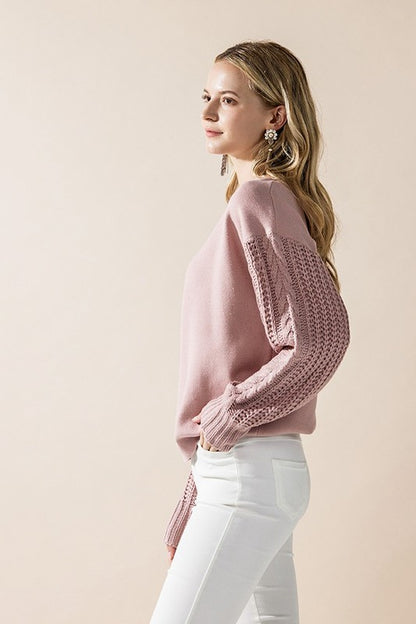 Mixed Material Sweater with Cable-Knit Sleeves | Trendy Sweaters Outfit Idea for Women by Ro + Ivy | Elevated Basics, Modern Comfort & Style