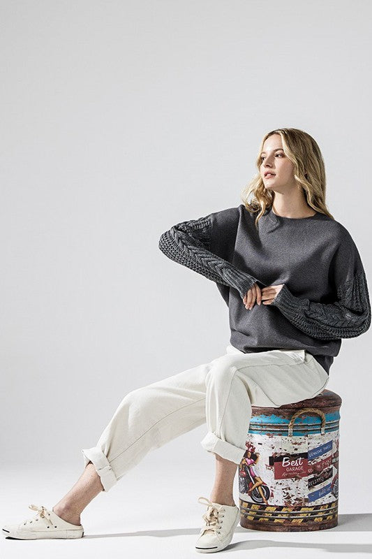 Mixed Material Sweater with Cable-Knit Sleeves | Trendy Sweaters Outfit Idea for Women by Ro + Ivy | Elevated Basics, Modern Comfort & Style