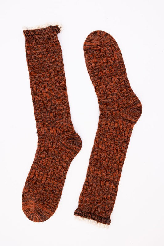 Rust OS Autumn Vibes Ribbed Ruffle-Trim Long Socks Trendy Socks Outfit Idea for Women | Ro + Ivy