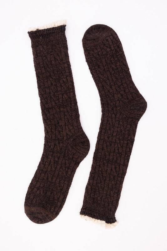 Dark Brown OS Autumn Vibes Ribbed Ruffle-Trim Long Socks Trendy Socks Outfit Idea for Women | Ro + Ivy