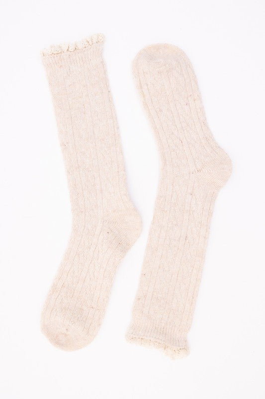 Natural OS Autumn Vibes Ribbed Ruffle-Trim Long Socks Trendy Socks Outfit Idea for Women | Ro + Ivy