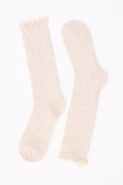 Natural OS Autumn Vibes Ribbed Ruffle-Trim Long Socks Trendy Socks Outfit Idea for Women | Ro + Ivy