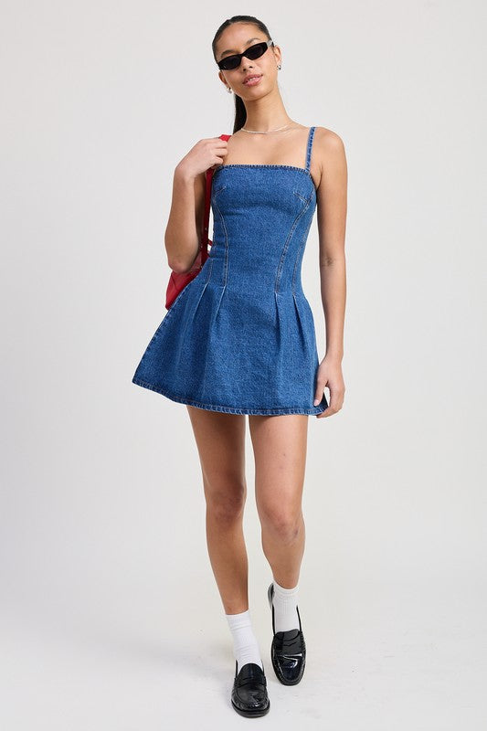 Spaghetti Strap Fit & Flare Mini Denim Dress with Pleats - Ro + Ivy