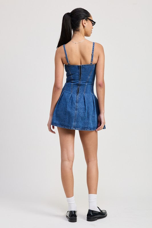 Spaghetti Strap Fit & Flare Mini Denim Dress with Pleats - Ro + Ivy