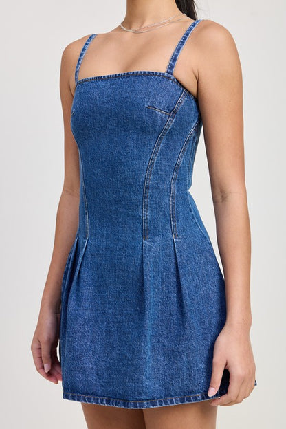 Spaghetti Strap Fit & Flare Mini Denim Dress with Pleats - Ro + Ivy