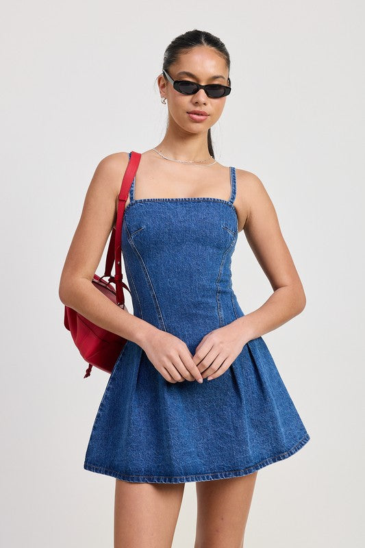 Spaghetti Strap Fit & Flare Mini Denim Dress with Pleats - Ro + Ivy