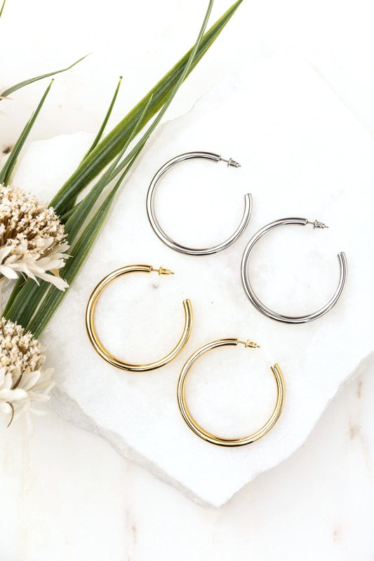 14K Stainless Steel Open Hoop Earrings | Trendy Earrings Outfit Idea for Women by Ro + Ivy | Elevated Basics, Modern Comfort & Style