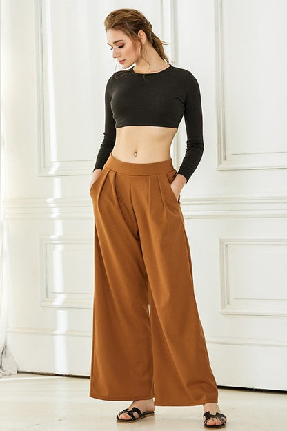 Cognac Plus Size High Waisted Wide Leg Front Pleated Pants | Trendy Pants Outfit Idea for Women by Ro + Ivy | Elevated Basics, Modern Comfort & Style