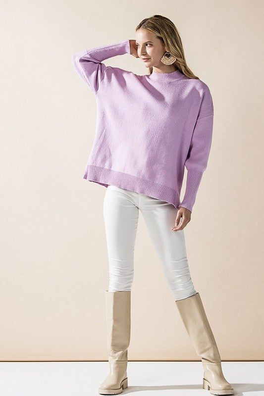 Lavender Mock Neck Balloon Sleeve Side Slit Sweater | Trendy Sweaters Outfit Idea for Women by Ro + Ivy | Elevated Basics, Modern Comfort & Style