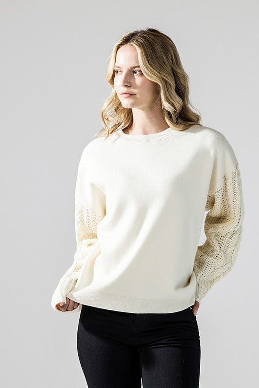 Plus Size Mixed Material Sweater with Cable-Knit Sleeves | Trendy Sweaters Outfit Idea for Women by Ro + Ivy | Elevated Basics, Modern Comfort & Style