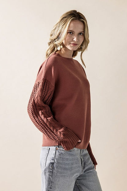 Marsala Plus Size Mixed Material Sweater with Cable-Knit Sleeves | Trendy Sweaters Outfit Idea for Women by Ro + Ivy | Elevated Basics, Modern Comfort & Style