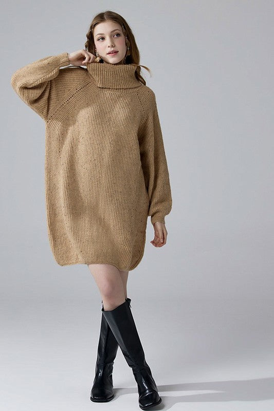 Taupe Brown Plus Turtleneck Confetti Sweater Dress with Balloon Sleeves | Trendy Sweater Dresses Outfit Idea for Women by Ro + Ivy | Elevated Basics, Modern Comfort & Style