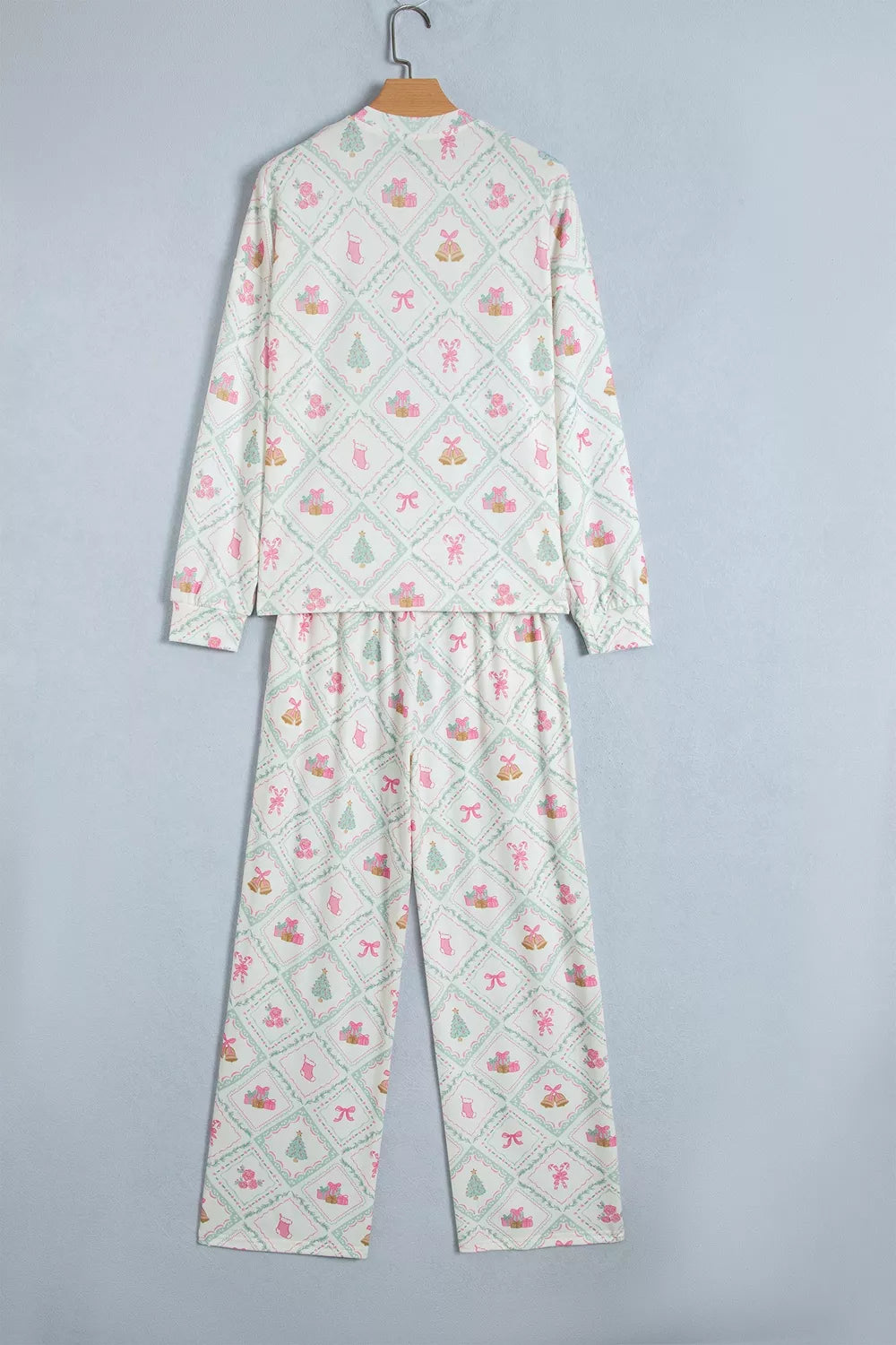 Christmas Patchwork Lounge Set with Button-Front Long-Sleeve Top and Drawstring Pants