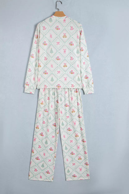 Christmas Patchwork Lounge Set with Button-Front Long-Sleeve Top and Drawstring Pants