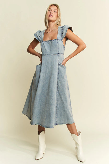 Ruffled Denim Blue Midi Dress – outfit idea for women | Ro + Ivy