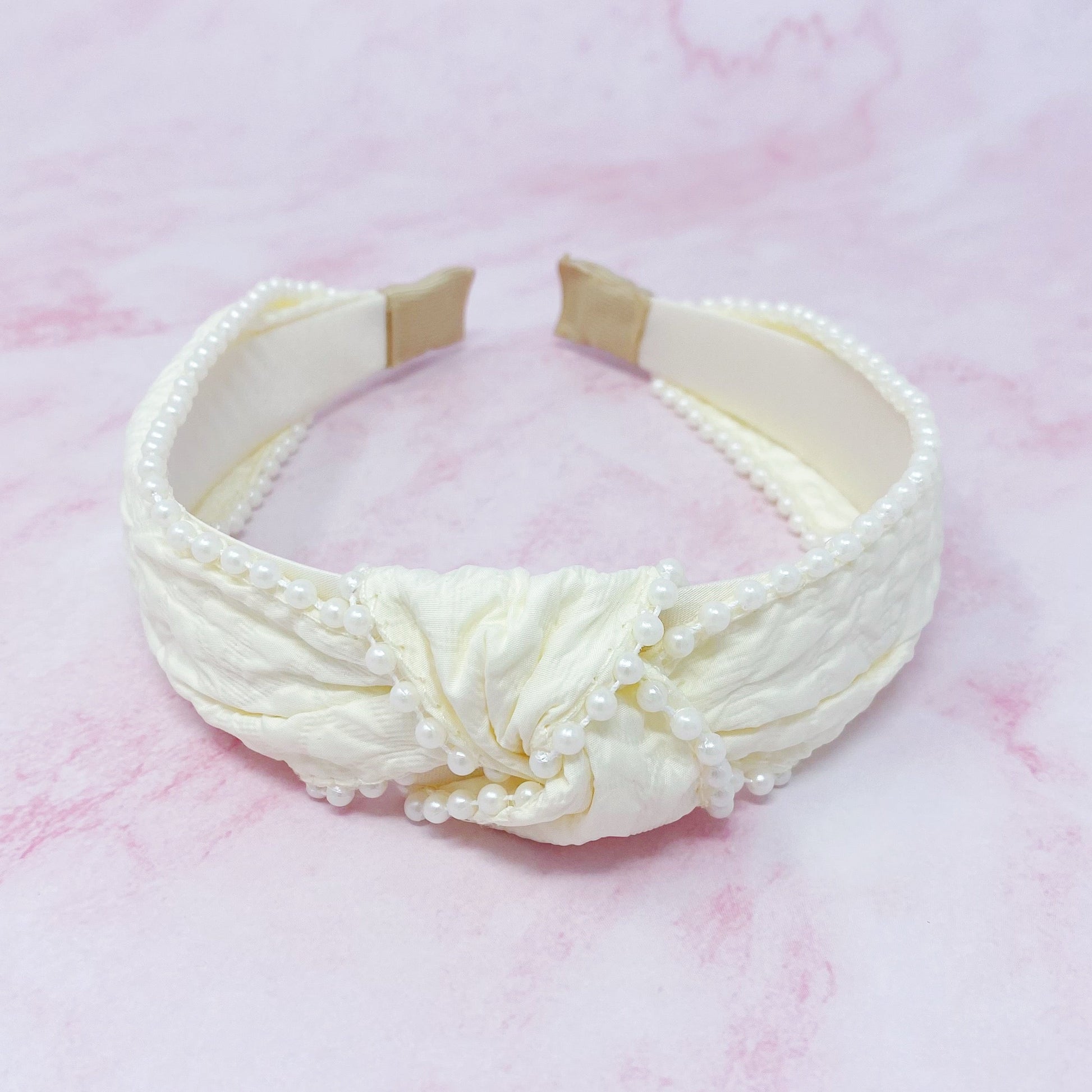 Knotted Pearl Embellished Headband — Embossed Fabric Structured Fit - Headbands