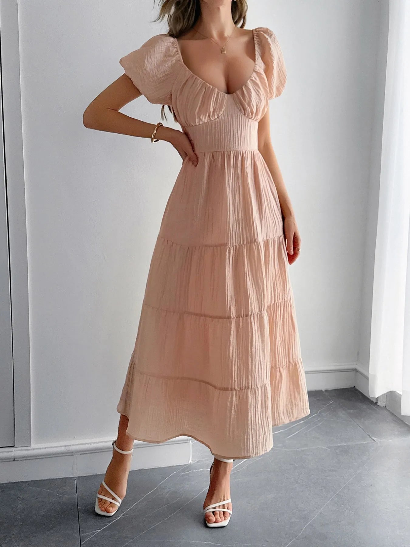 Scoop Neck Backless Tiered Puff Sleeve Midi Dress - Pale Blush Mini Dresses