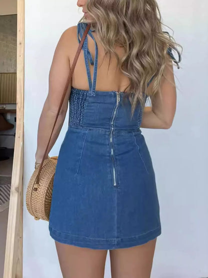 Women's Tie Strap Denim Mini Dress - Mini Dresses