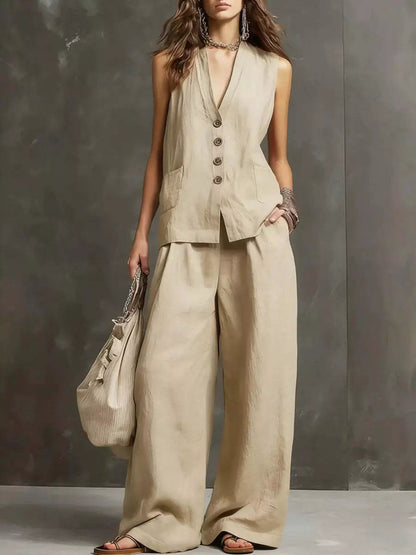 Women's Flowy Sleeveless Vest and Wide Leg Pants Set - Khaki Matching Sets