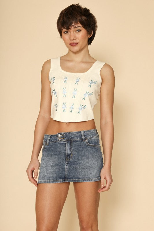 Exclusive In-House Floral Design Cropped Corset Tank Top — Feminine Everyday Style - Cream Tank top