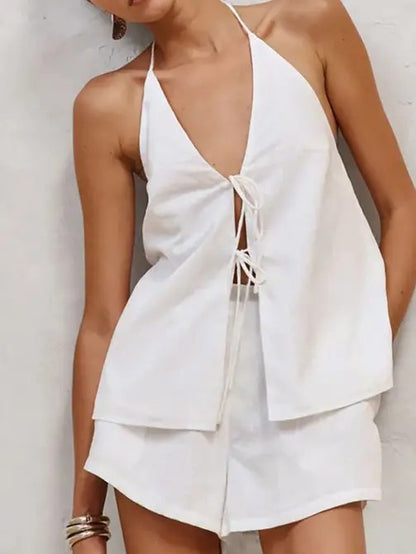 Two Piece Halter Top and Shorts Set – white outfit idea for women | Ro + Ivy