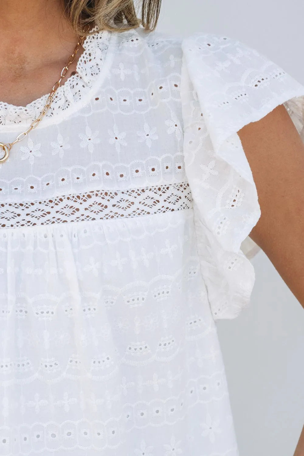 Round Neck Flutter Sleeve Eyelet Blouse with Lace - Blouses